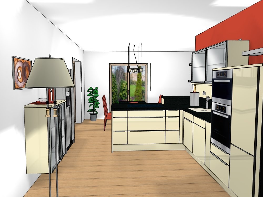 3D-Planungsansicht einer Küche: Musterküche Lux Crema mit Hochschränken und Einbaugeräten